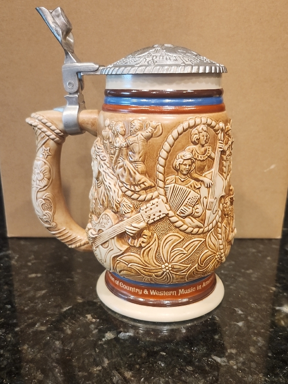 Avon Brown & Blue Country Music Ceramic Stein with Pewter Lid